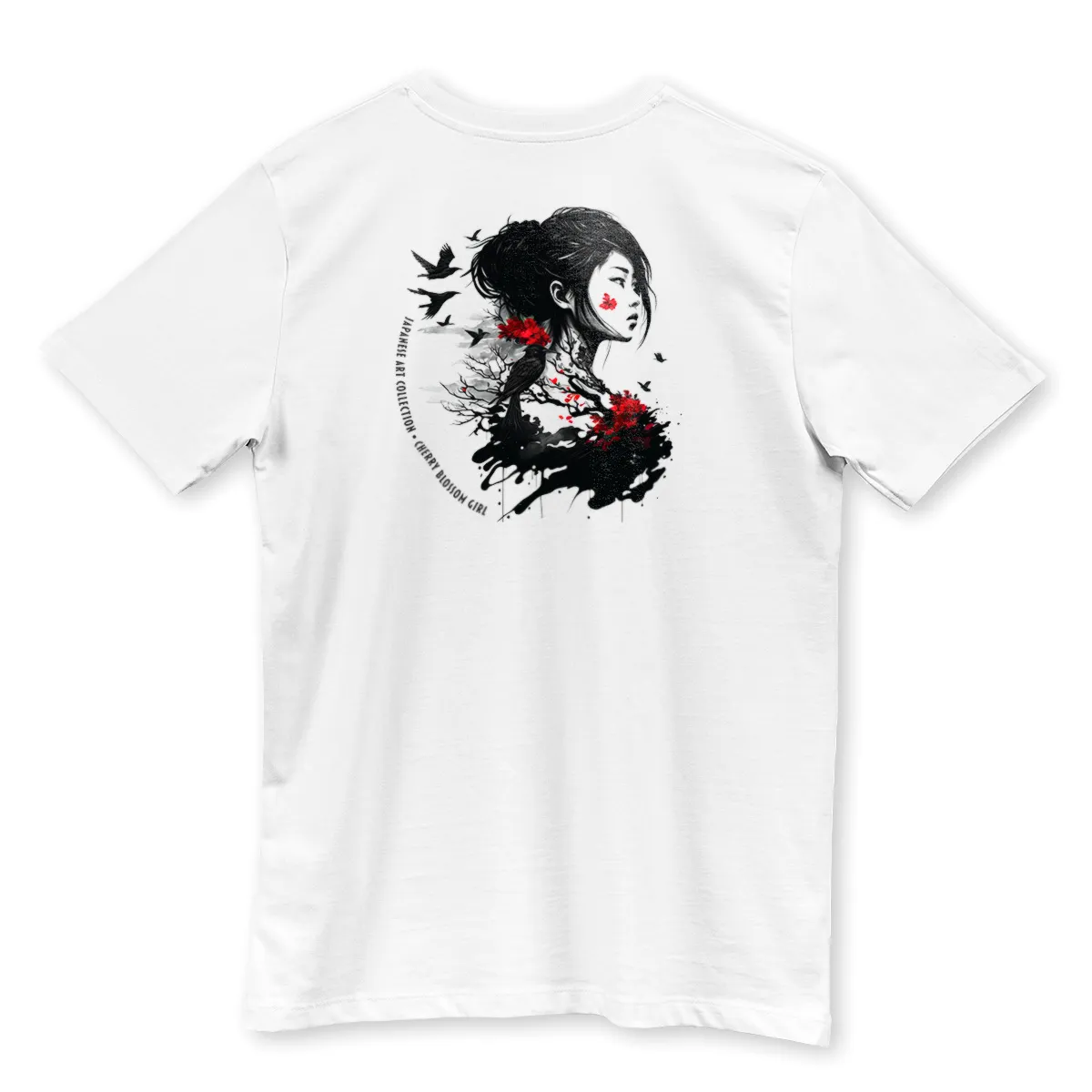 Imaginea unui Tricou Alb printat pe spate cu Cherry Blossom Girl