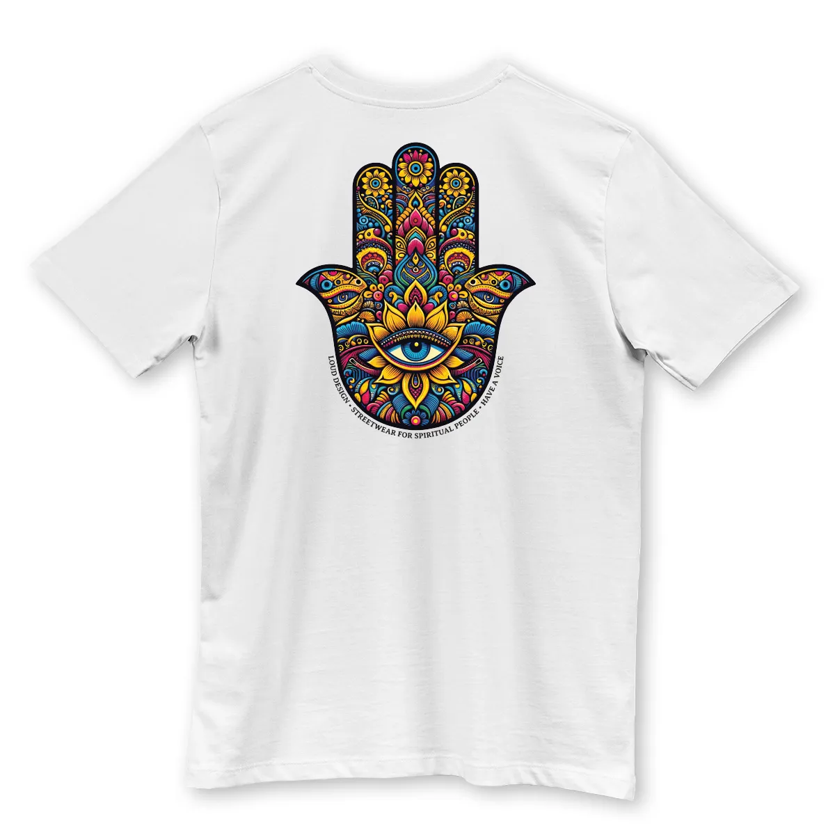 Tricou Alb Hamsa Hand Printat Spate Hamsa Hand - Imaginea unui tricou alb printat pe spate cu simbolul Yoga Hamsa Hand
