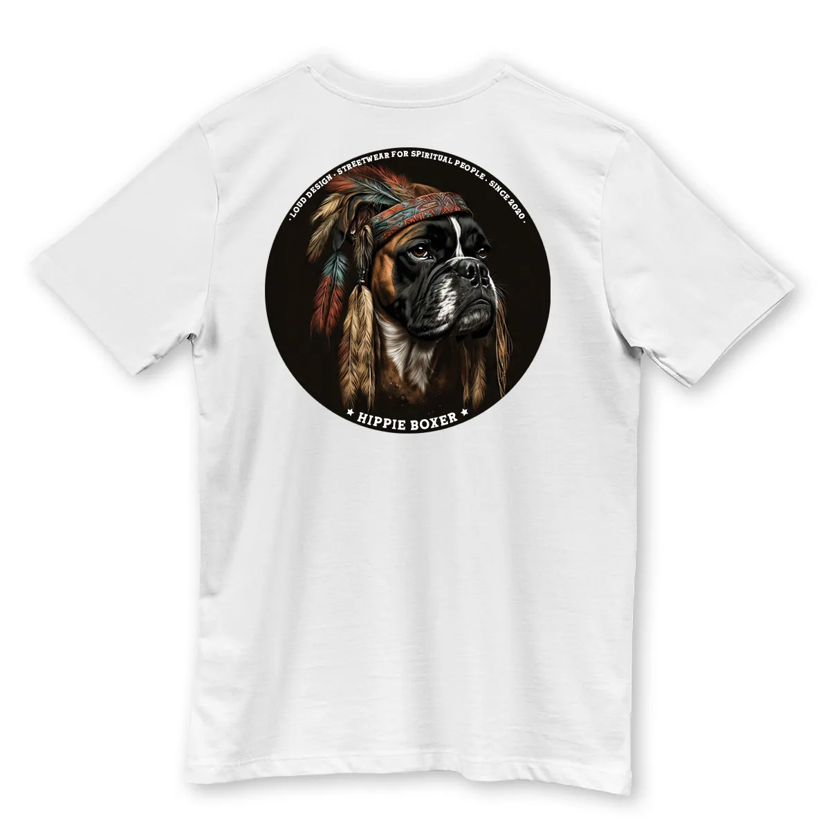 Imaginea unui tricou Alb printat pe spate cu un caine hippie - Hippie Dog