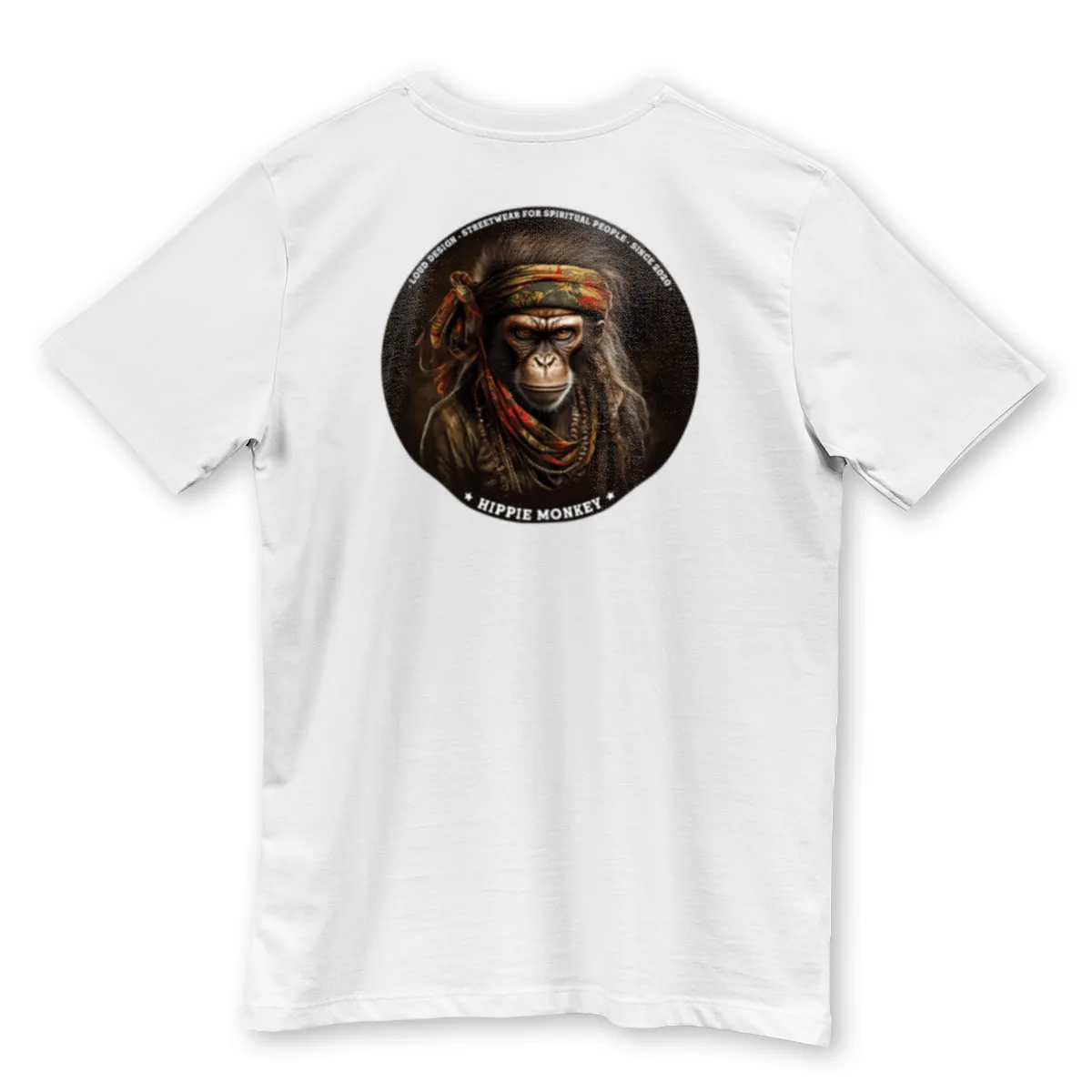 Imaginea unui Tricou Alb printat pe spate cu o maimuta hipioata - Hippie Monkey