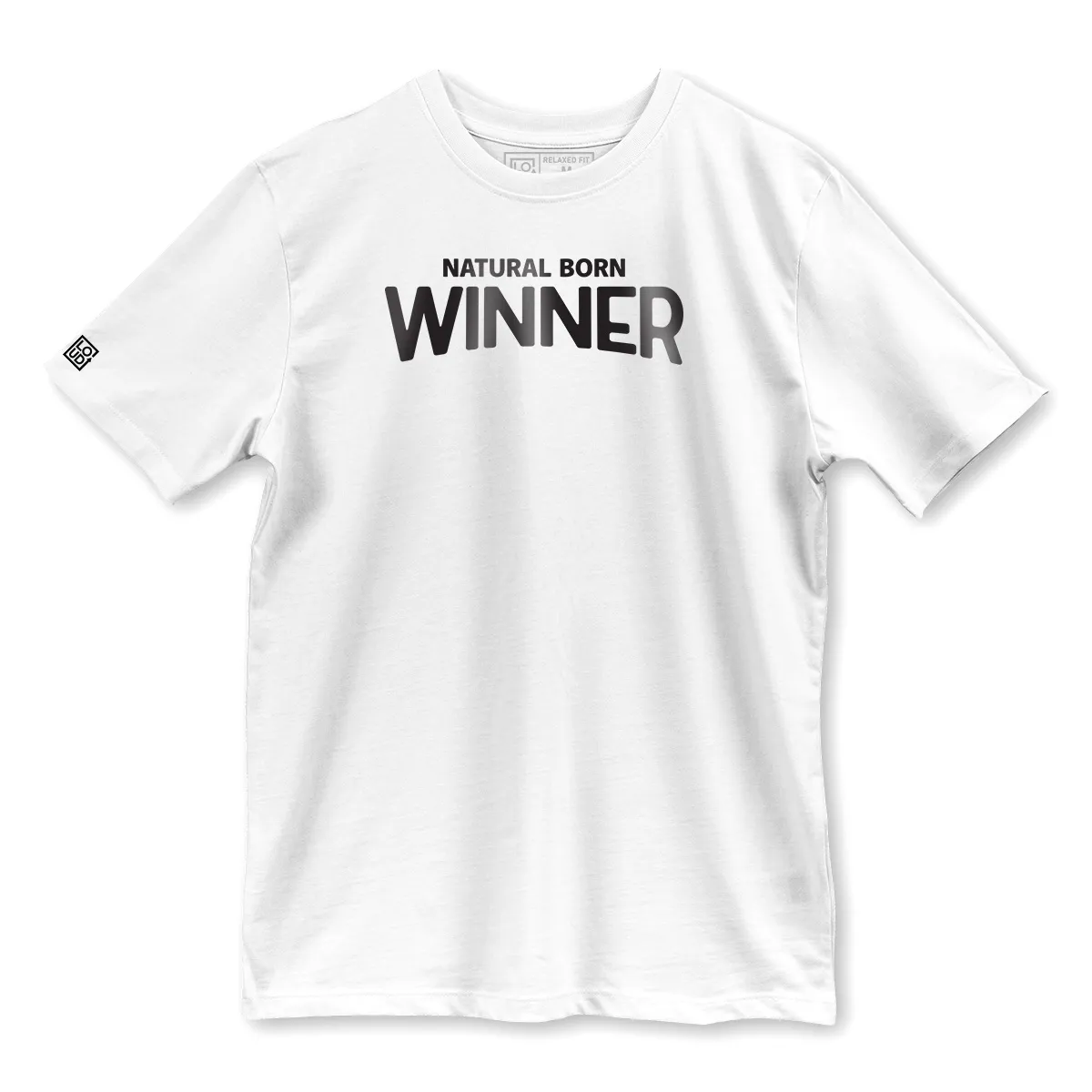 Imaginea unui Tricou Alb printat pe fata cu mesajul Natural Born Winner