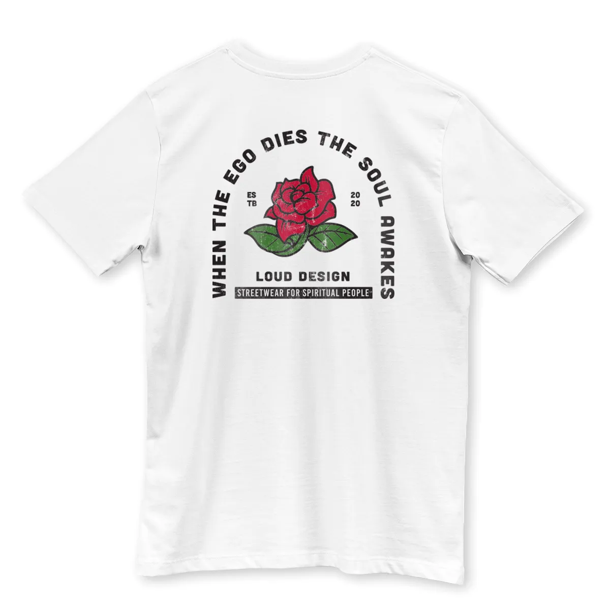 Imaginea unui Tricou printat pe spate cu un trandafir rosu si mesajul "When the Ego Dies, the Soul Awakes"
