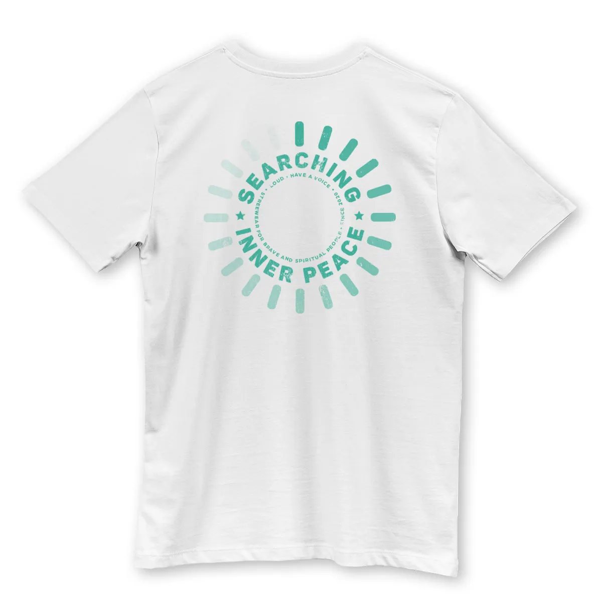Imaginea unui Tricou Alb printat pe spate cu mesajul Searching Inner Peace