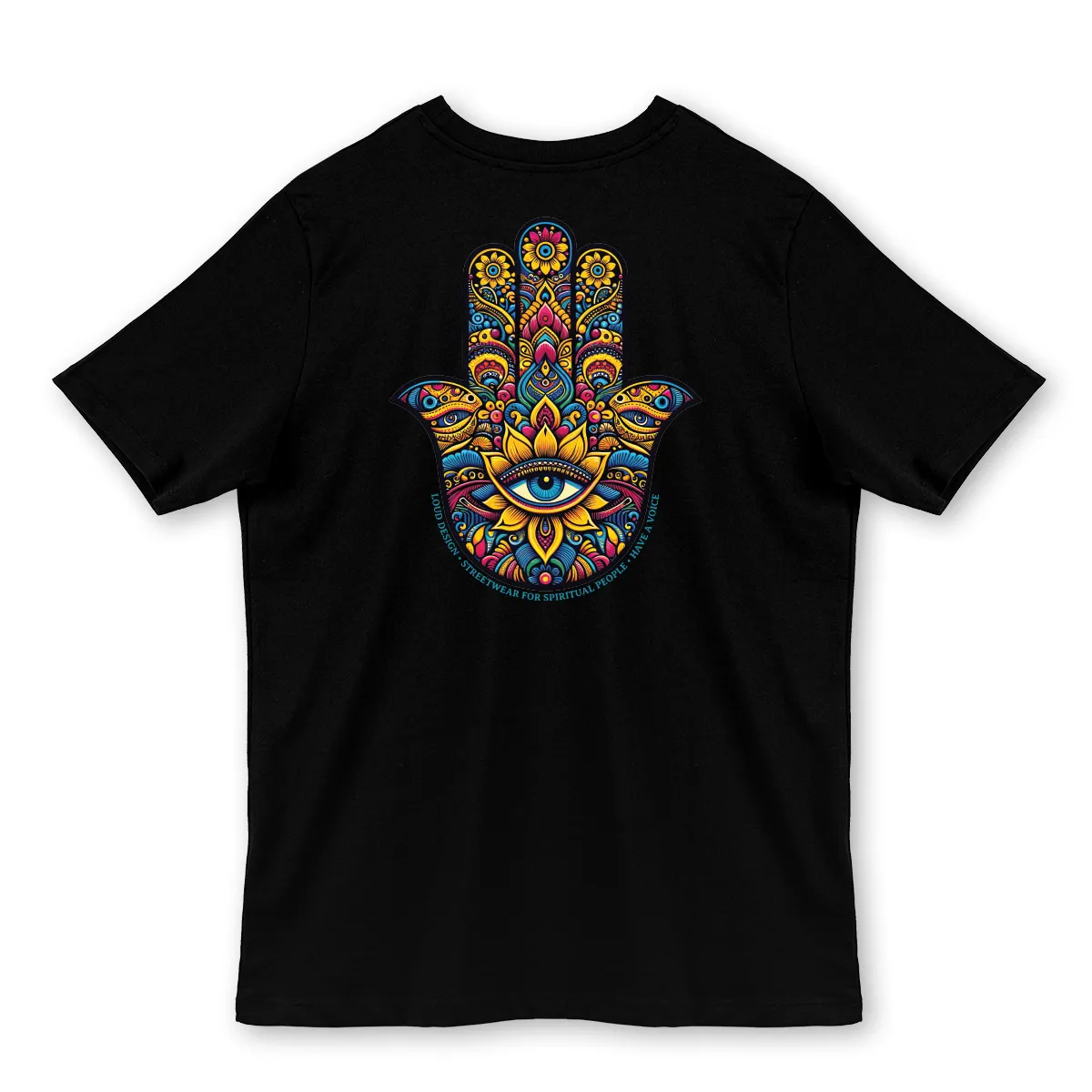Tricou Negru Hamsa Hand Printat Spate Hamsa Hand - Imaginea unui tricou negru printat pe spate cu simbolul Yoga Hamsa Hand