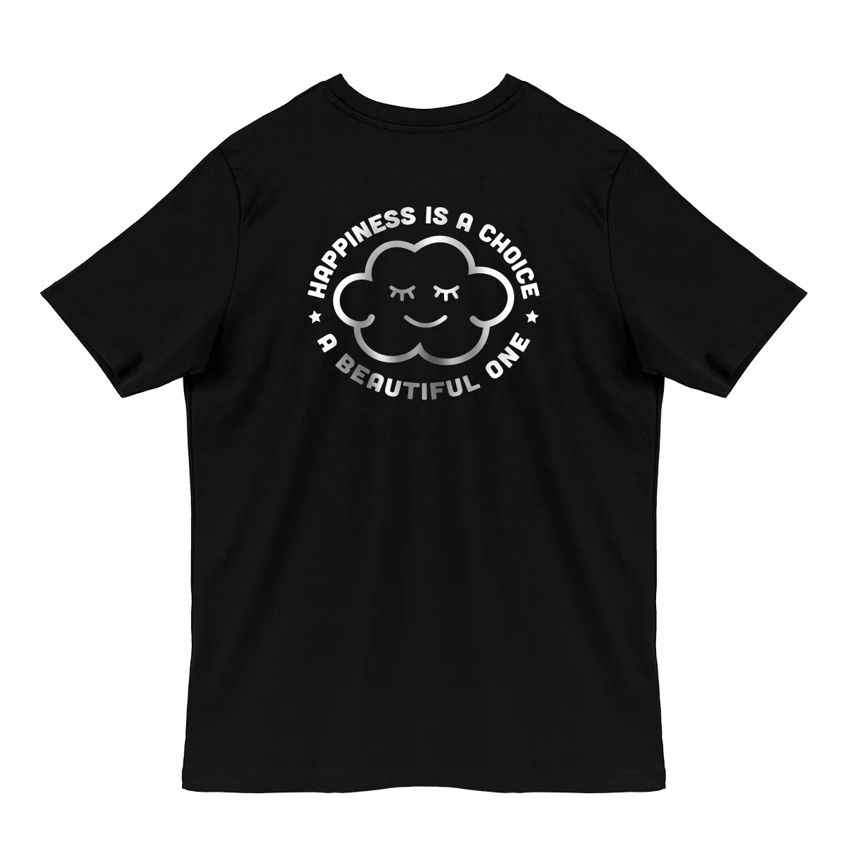 Imaginea unui tricou printat pe spate cu mesajul "Happiness is a Choice"