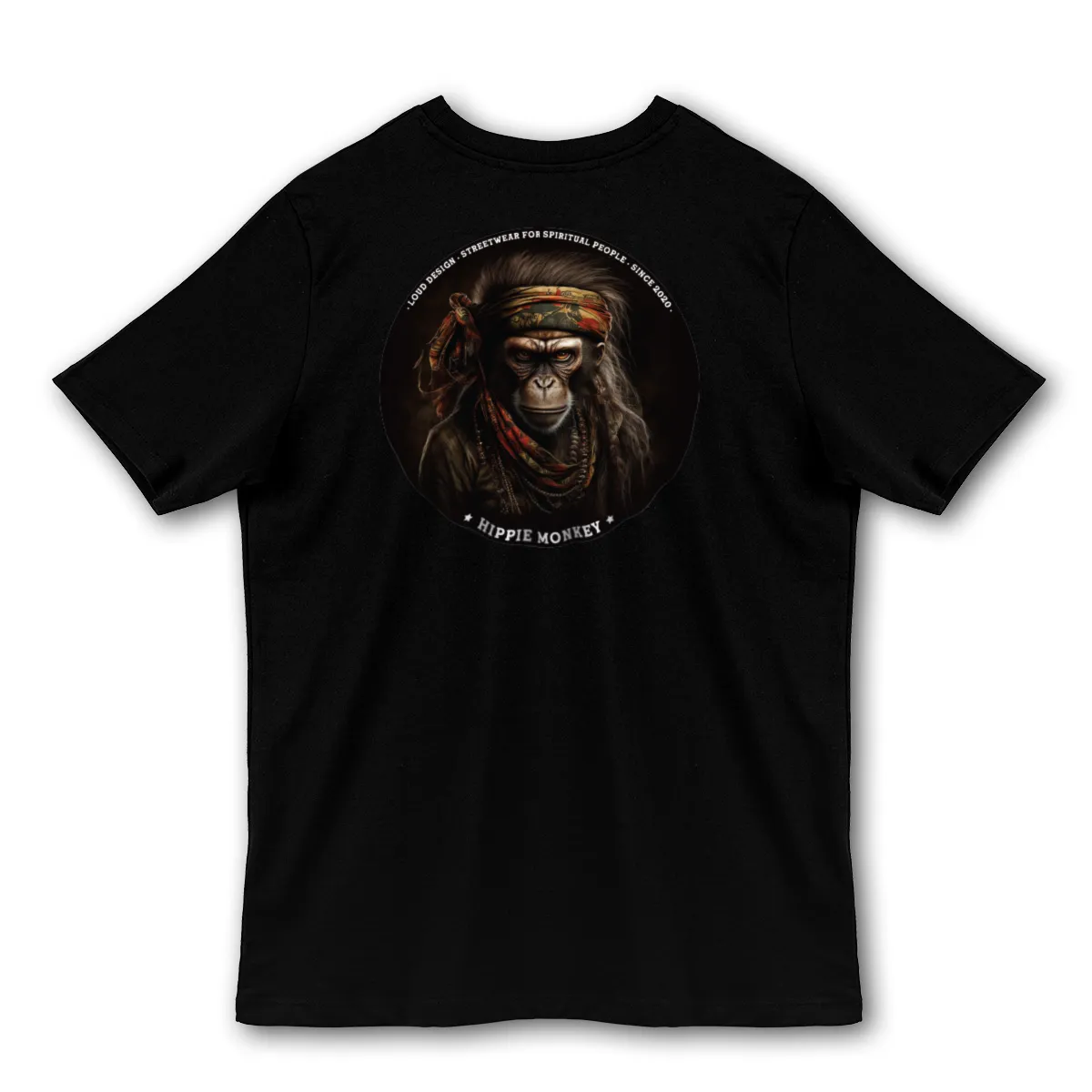 Imaginea unui Tricou Negru printat pe spate cu o maimuta hipioata - Hippie Monkey