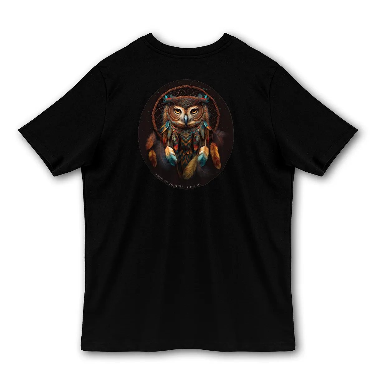 Imaginea unui Tricou Negru printat pe spate cu o bufnita Hippie Owl