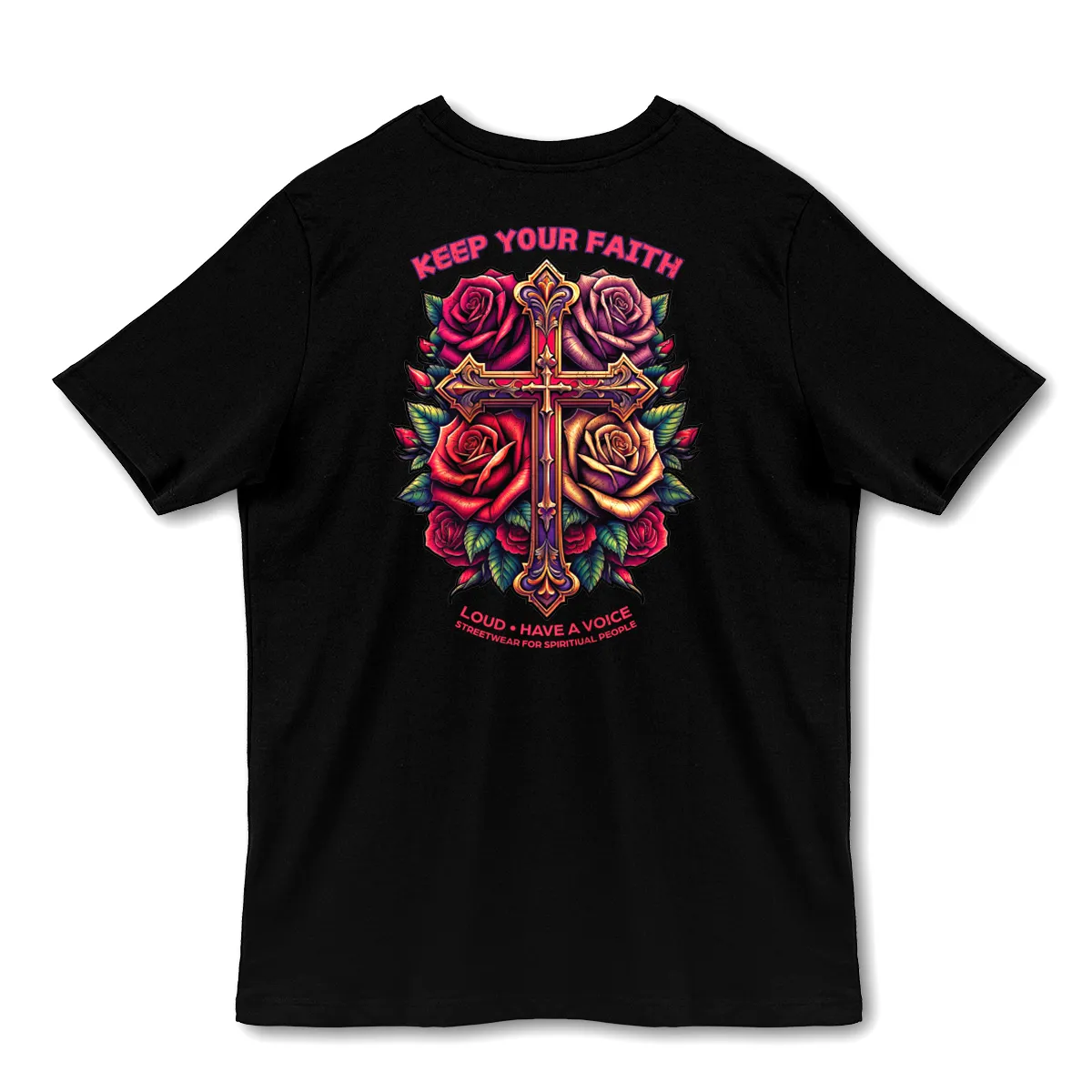 Imaginea unui Tricou Negru cu mesajul Keep Your Faith