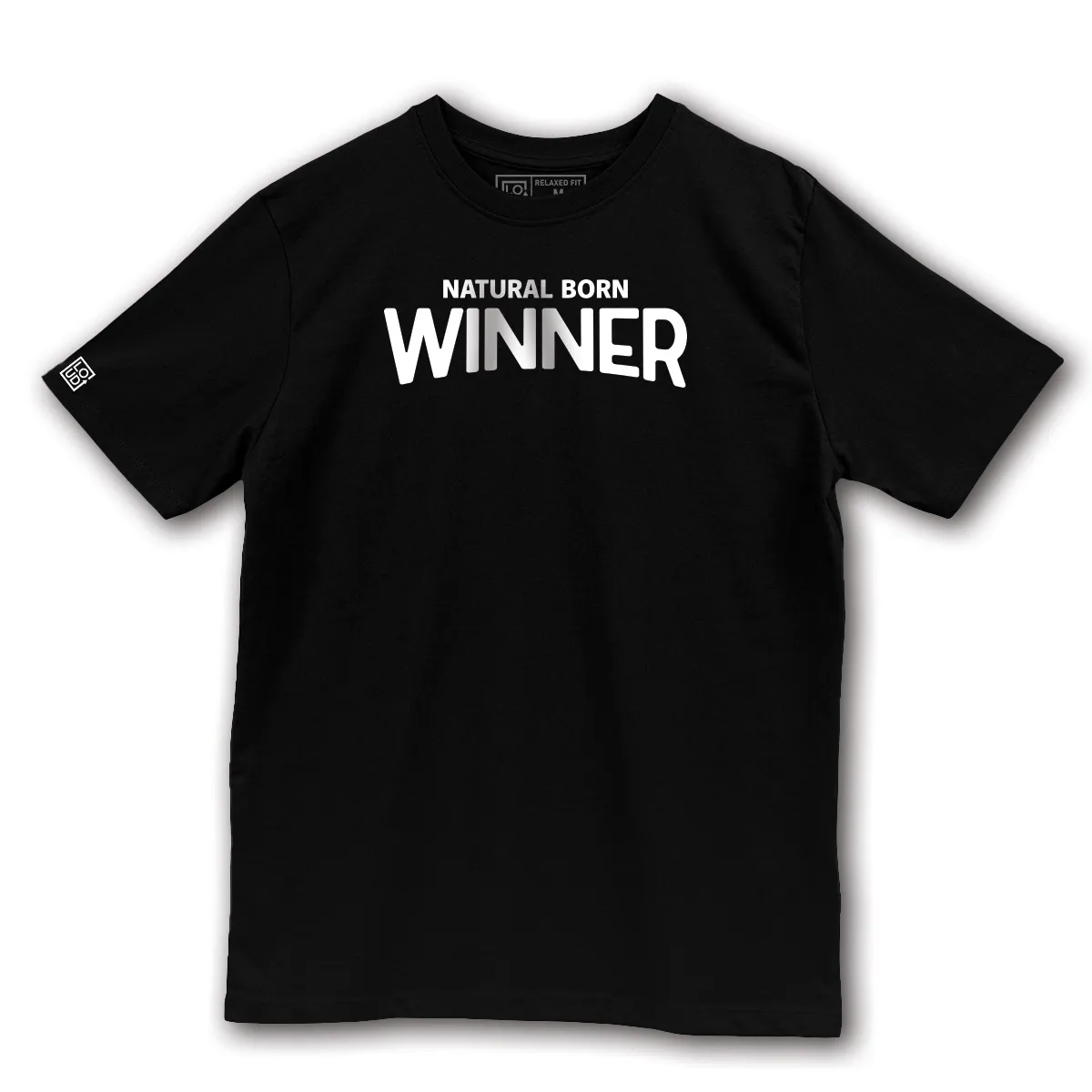 Imaginea unui Tricou Negru printat pe fata cu mesajul Natural Born Winner