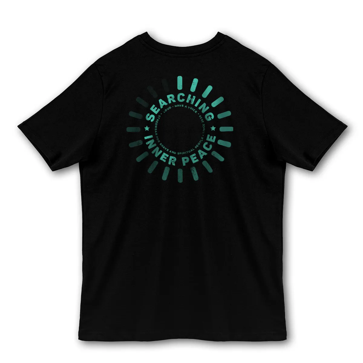 Imaginea unui Tricou Negru printat pe spate cu mesajul Searching Inner Peace
