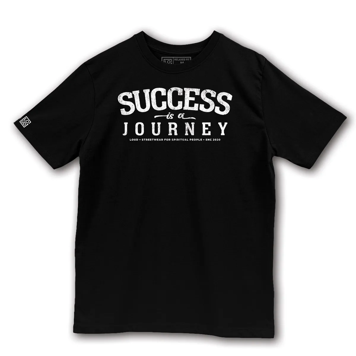 Imaginea unui tricou negru imprimat cu mesajul Success is a Journey