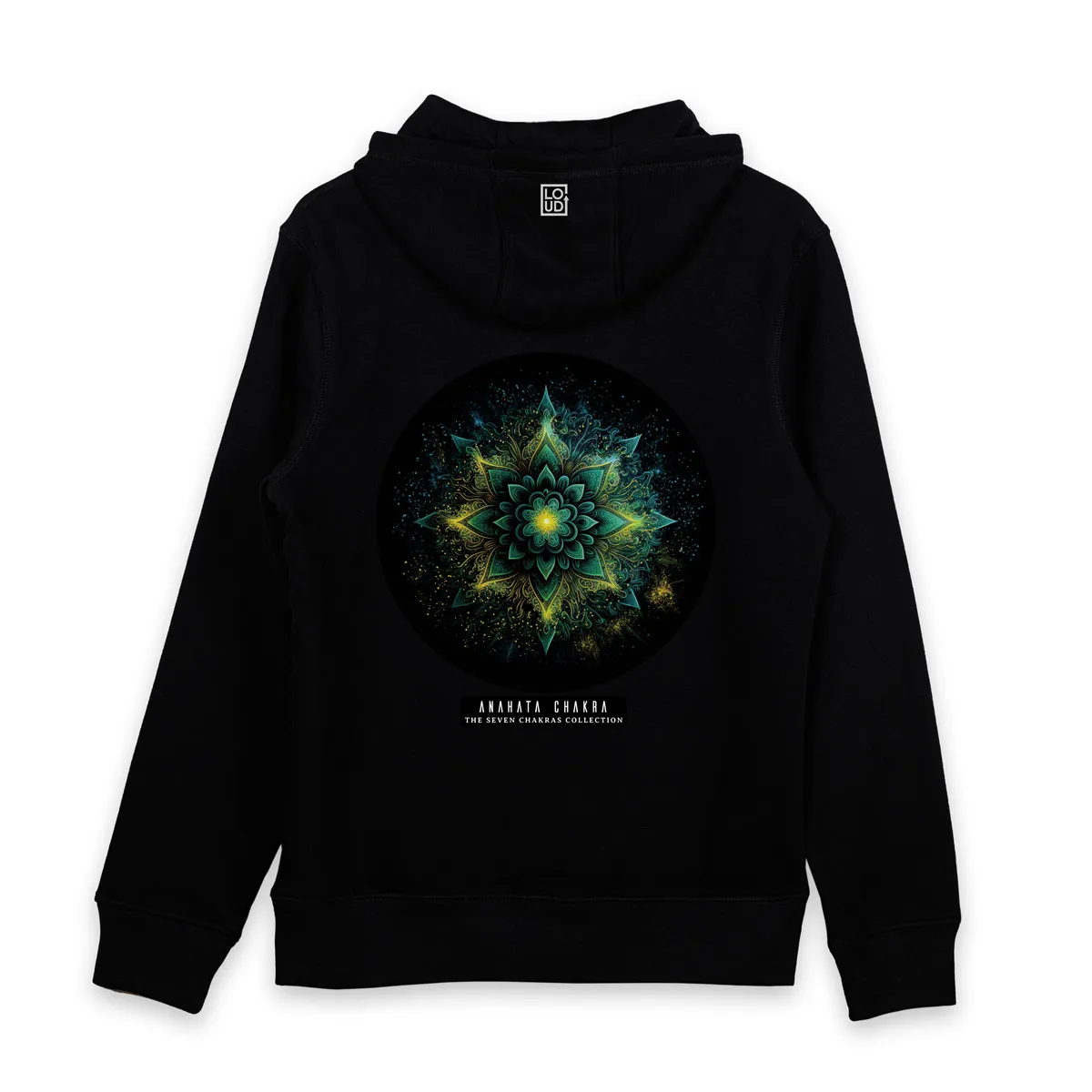 Imaginea unui hanorac negru printat pe spate cu mandala Anahata Chakra