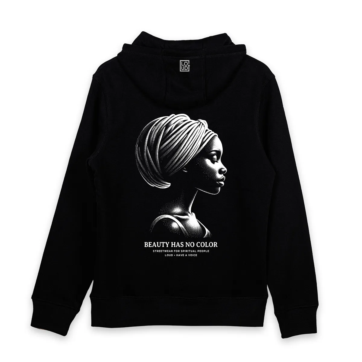 Imaginea unui Hanorac Negru printat pe spate cu mesajul Beauty Has No Color