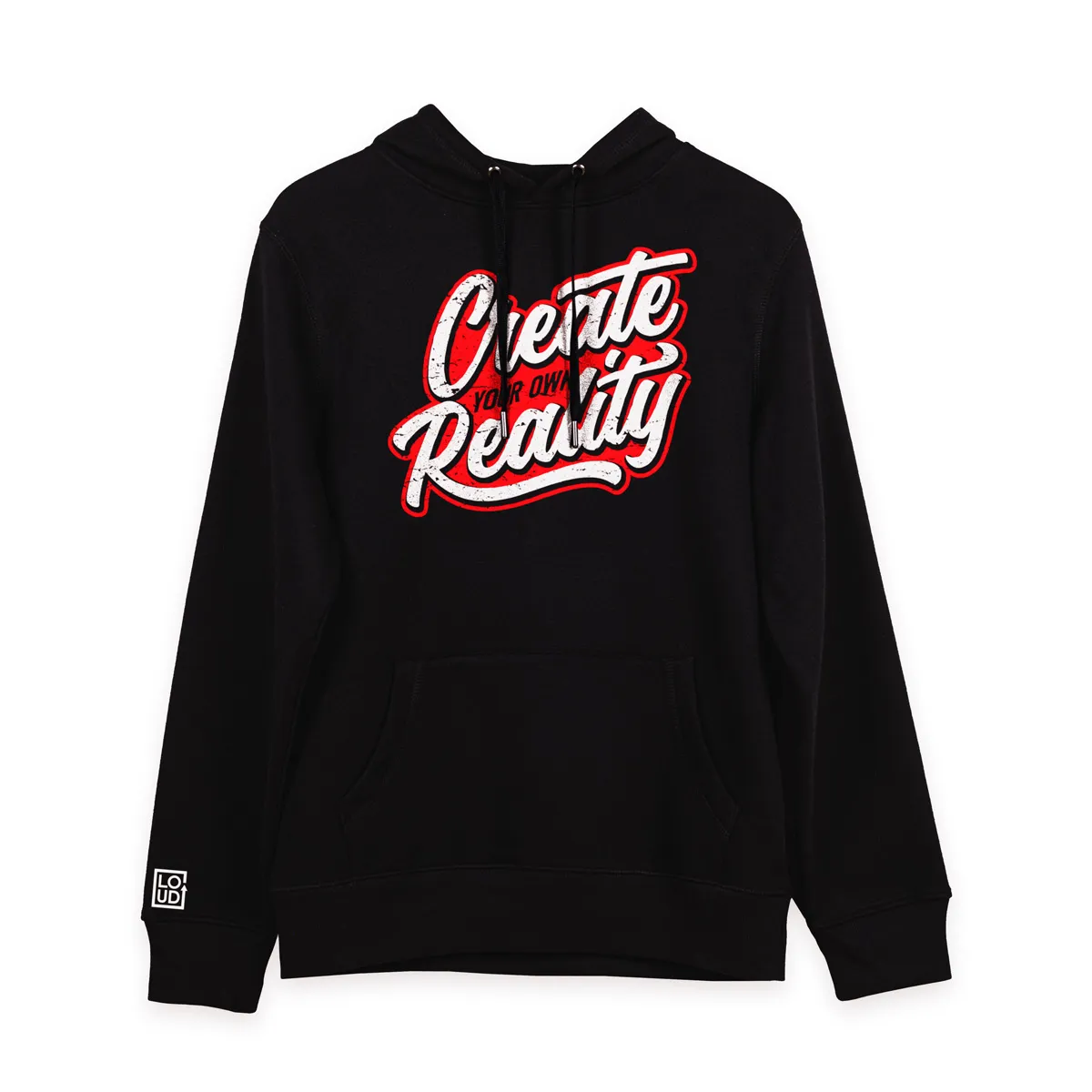 Imaginea unui hanorac negru printat pe fata cu mesajul Create Your Own Reality