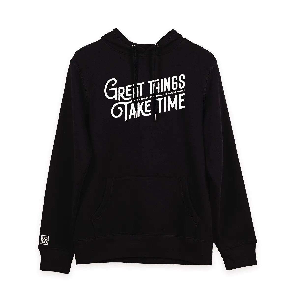 Imaginea unui Hanorac Negru printat pe fata cu mesajul Great Things Takes Time