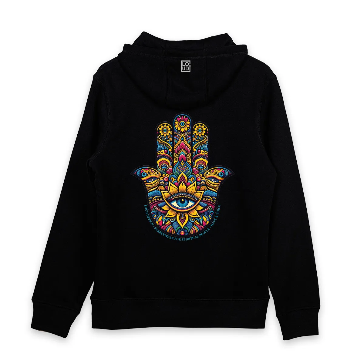 Imaginea Unui Hanorac Negru printat pe spate cu simbolul Hamsa Hand