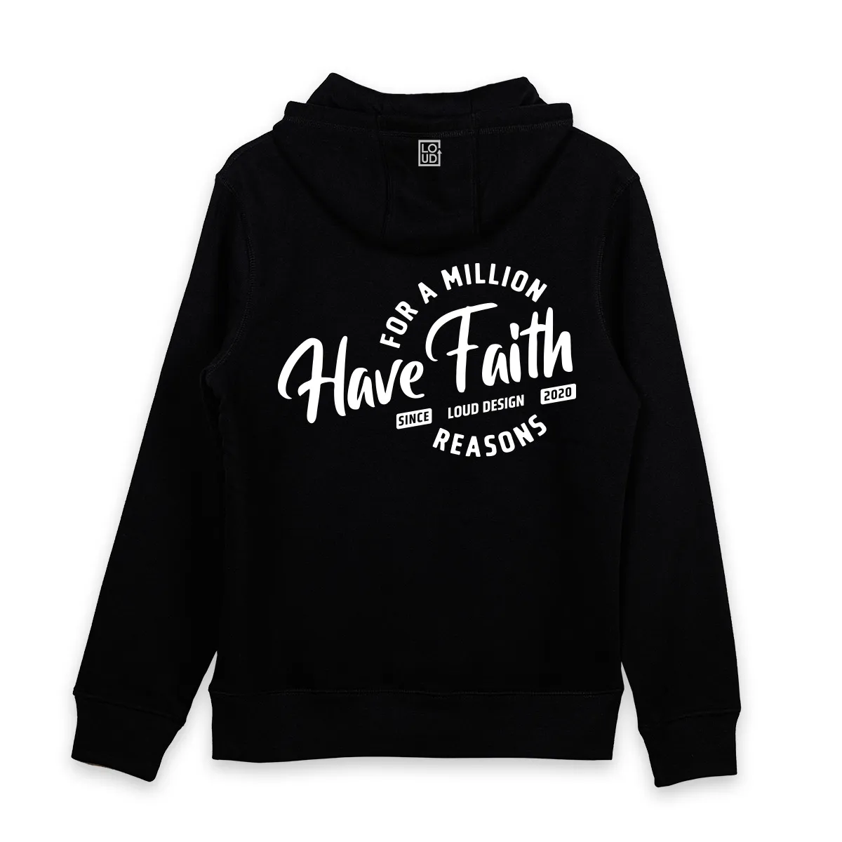 Imaginea unui hanorac printat pe spate cu mesajul ”For a million reasons have faith”