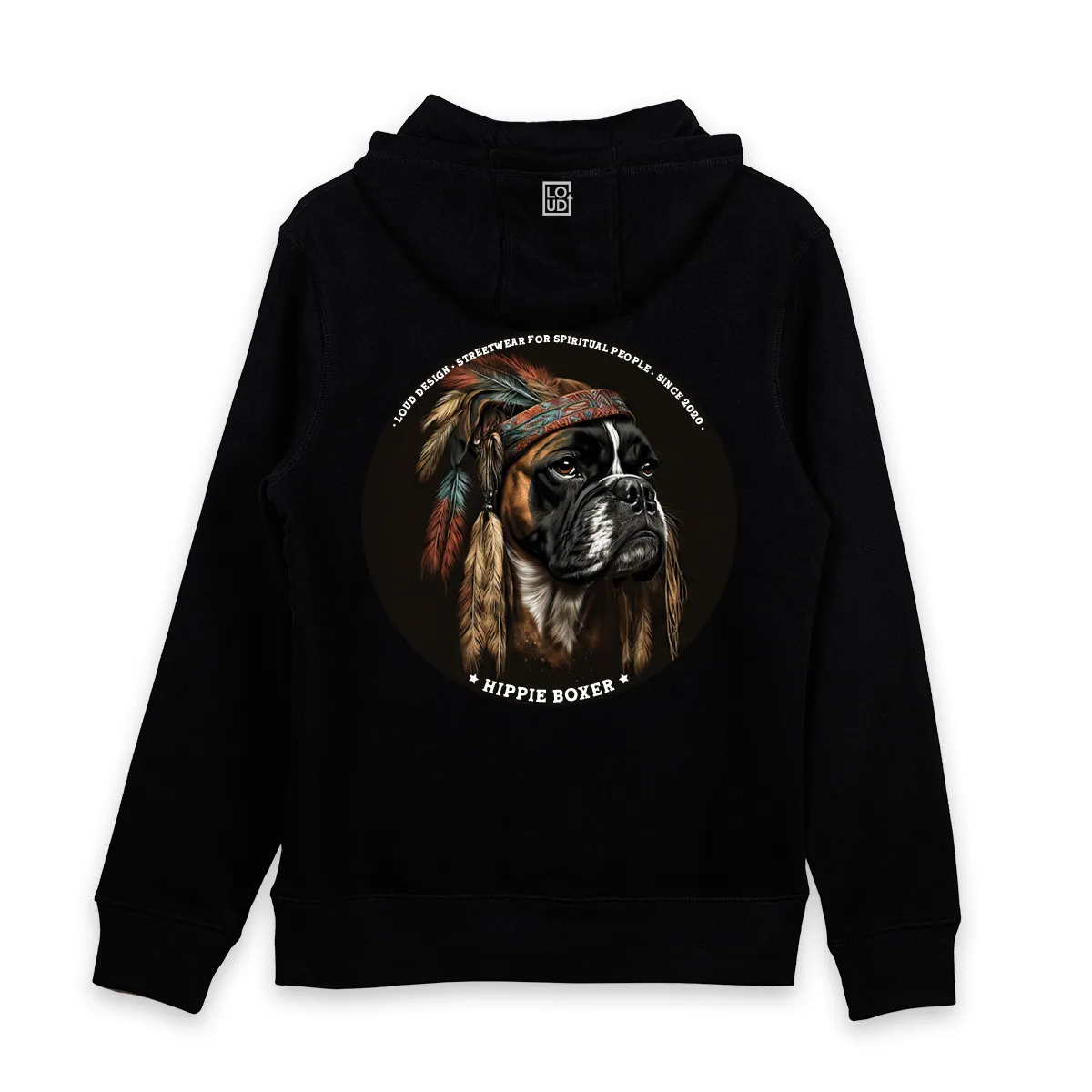 Imaginea unui hanorac Negru printat pe spate cu un caine hipiot - Hippie Dog