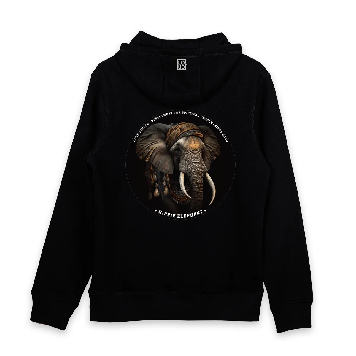 Imaginea unui Hanorac Negru printat cu un elefant - Hippie Elephant