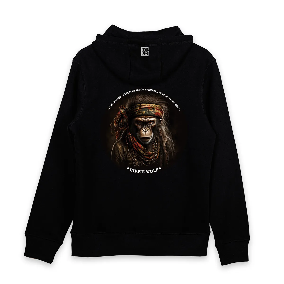 Imaginea unui Hanorac Negru printat pe spate cu o maimuta Hippie Monkey