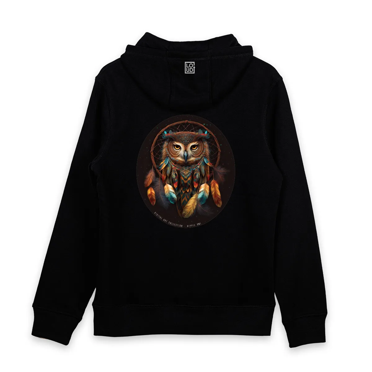 Imaginea unui hanorac negru imprimat pe spate cu o bufnita hippie owl