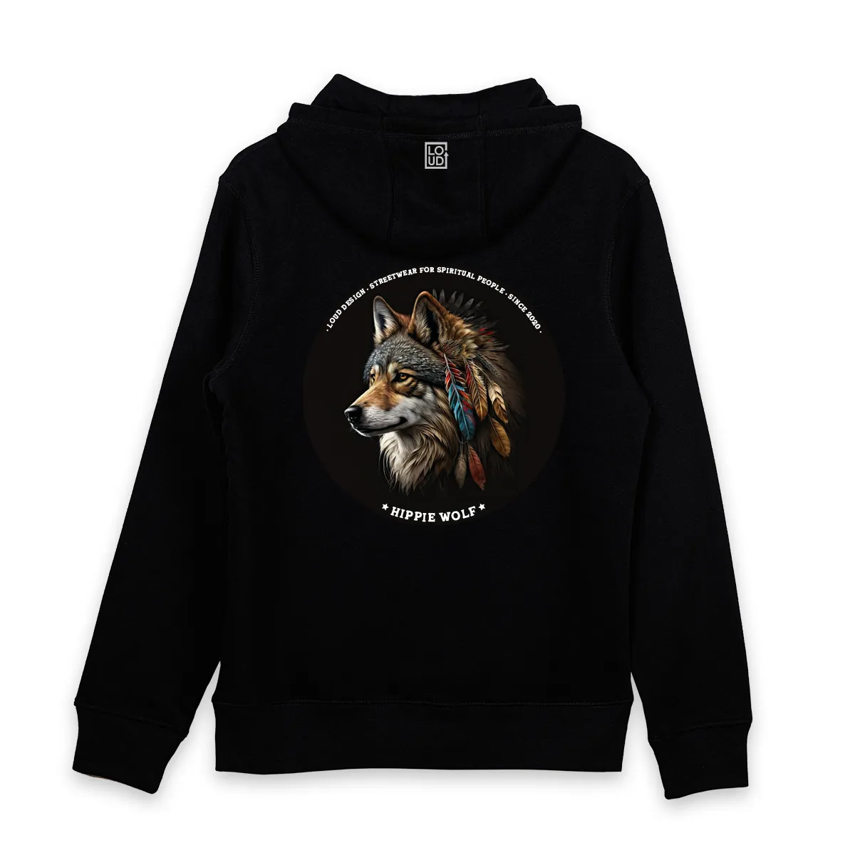 Imaginea unui Hanorac Negru imprimat pe spate cu o bufnita - Hippie