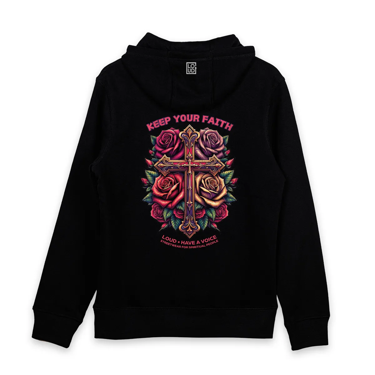 Imaginea unui hanorac negru printat cu mesajul Keep Your Faith