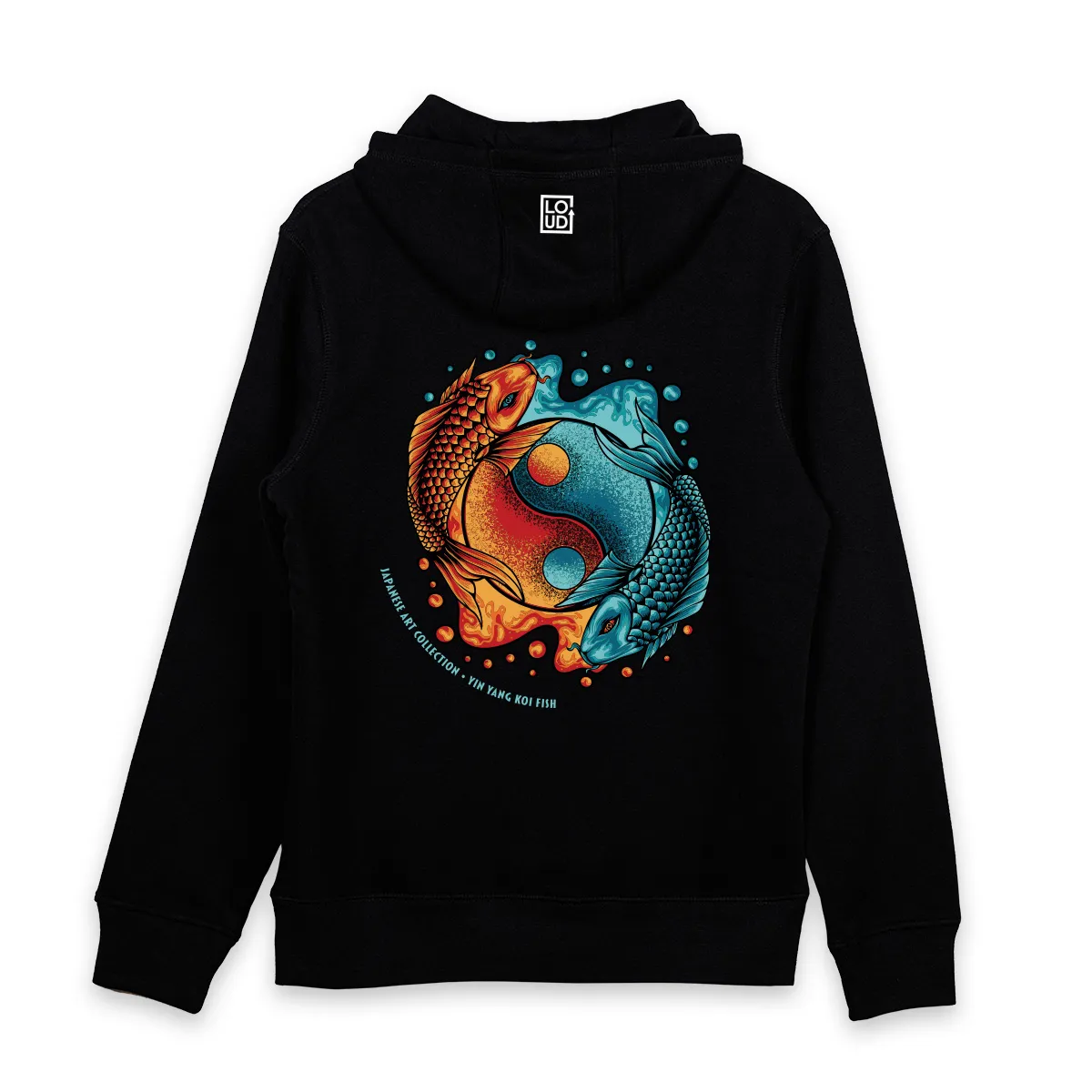 Imaginea unui hanorac negru printat cu simbolul Yin Yang format din doi pesti Koi Fish