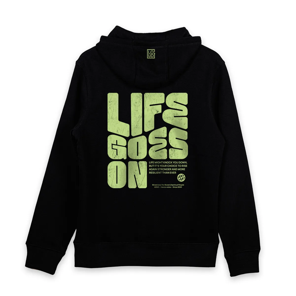 Hanorac Negru Life Goes On Imaginea unui hanorac negru printat pe spate cu mesajul Life Goes On