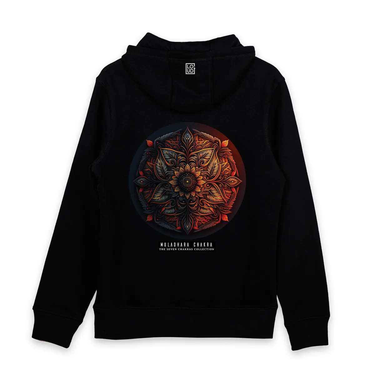 Imaginea unui Hanorac Negru printat pe spate cu mandala Muladhara Chakra