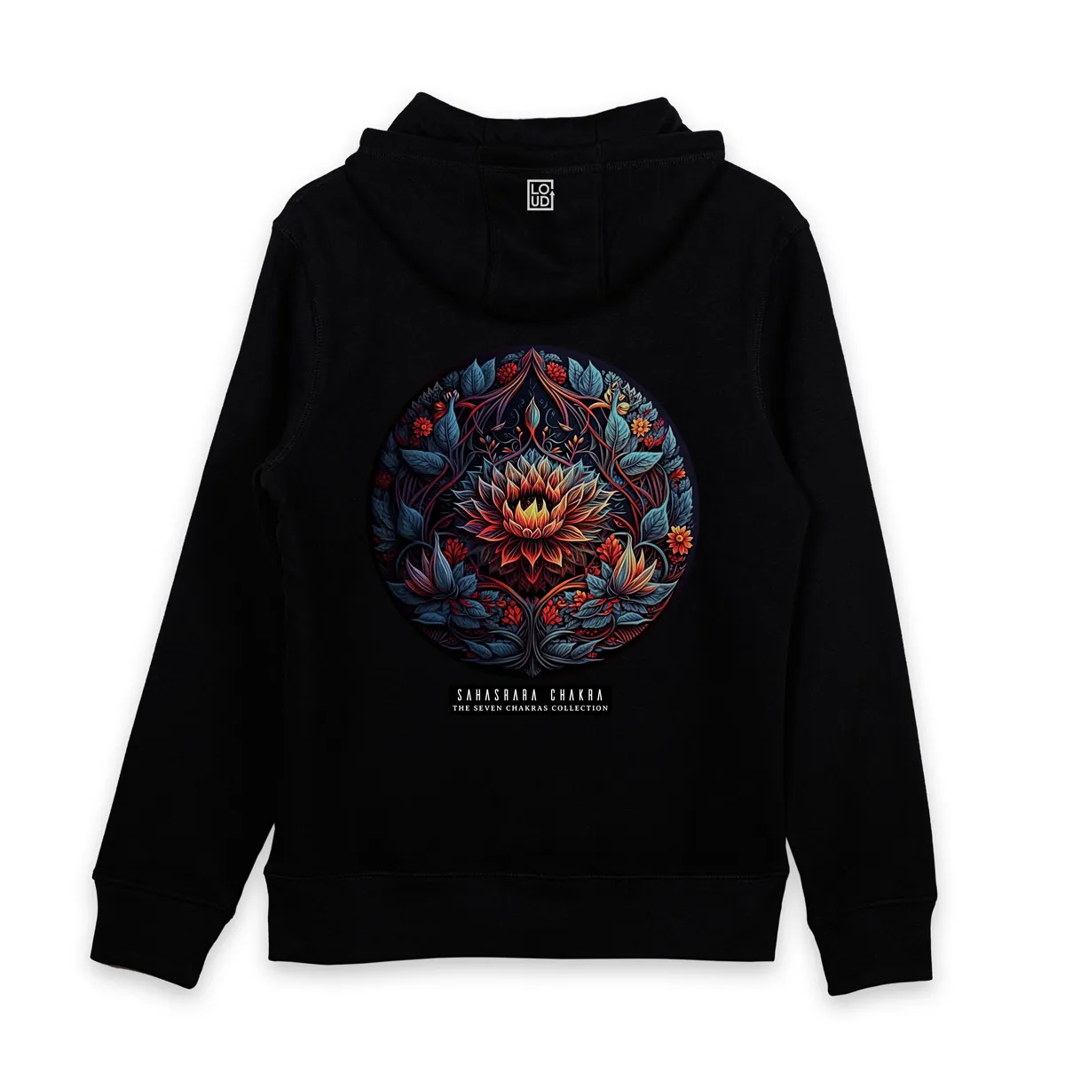 Hanorac Negru Sahasrara Chakra Imaginea unui Hanorac Negru printat pe spate cu mandala Sahasrara Chakra