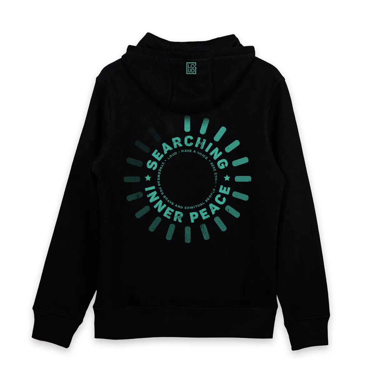 Imaginea unui Hanorac Negru Printat pe spate cu mesajul Searching Inner Peace