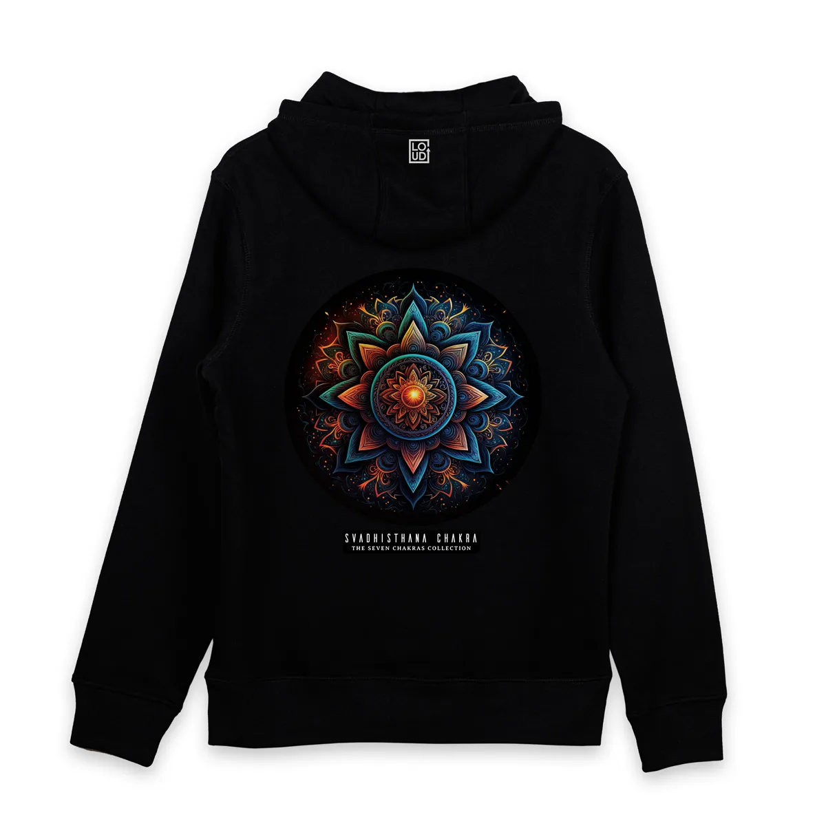 Imaginea unui Hanorac Negru printat pe spate cu mandala Svadhisthana Chakra