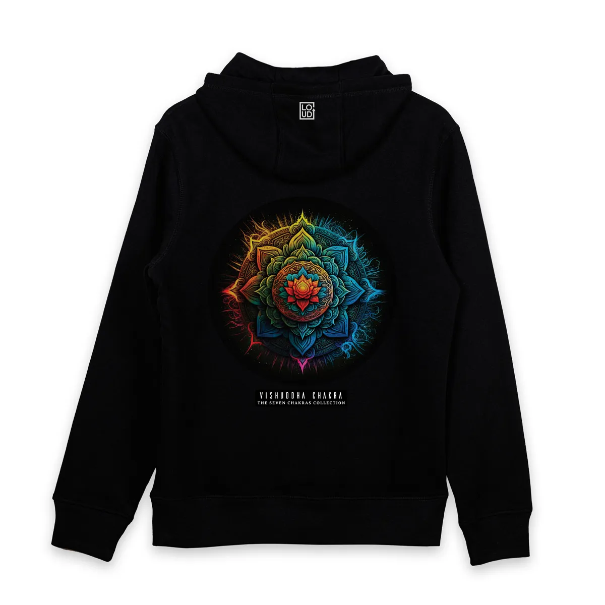 Imaginea unui Hanorac Negru printat pe spate cu mandala Vishuddha Chakra