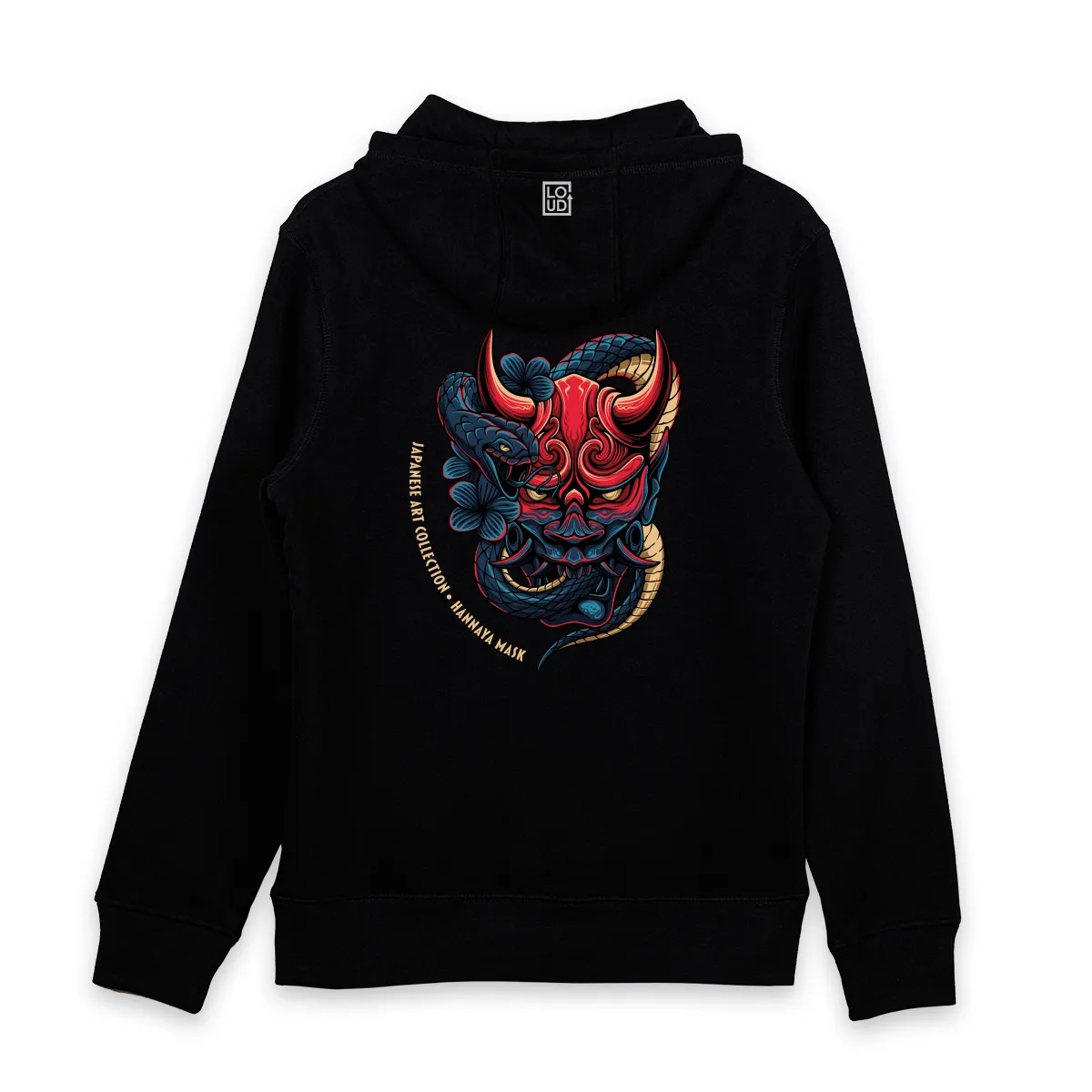 Imaginea unui hanorac negru printat cu Hannaya mask