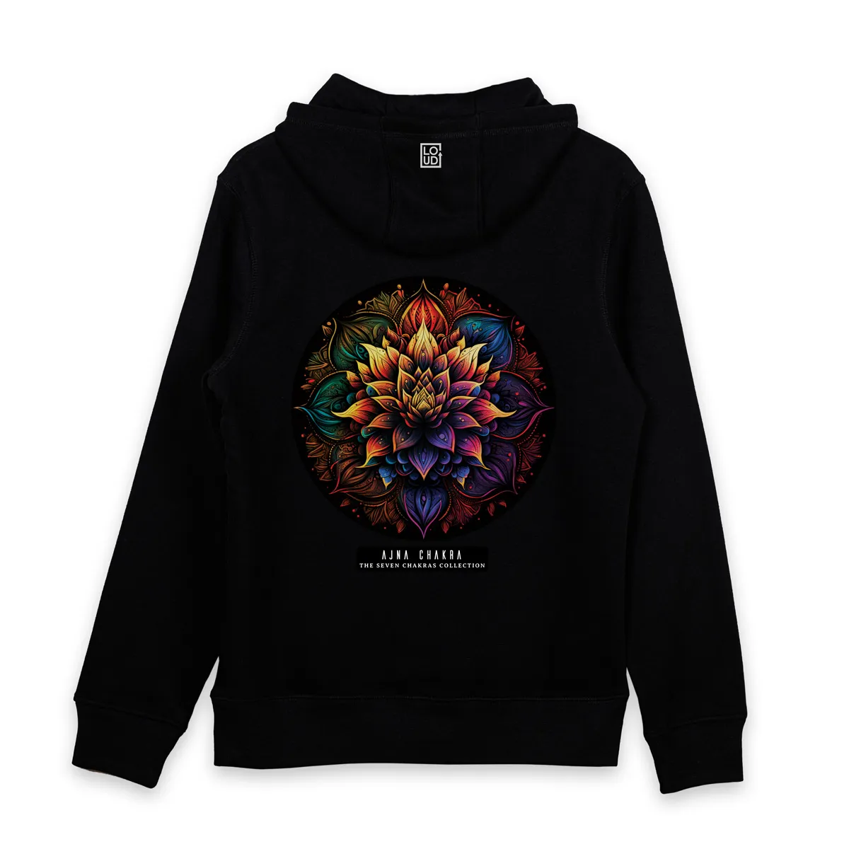 Imaginea unui Hanorac Negru printat pe spate cu mandala Ajna Chakra