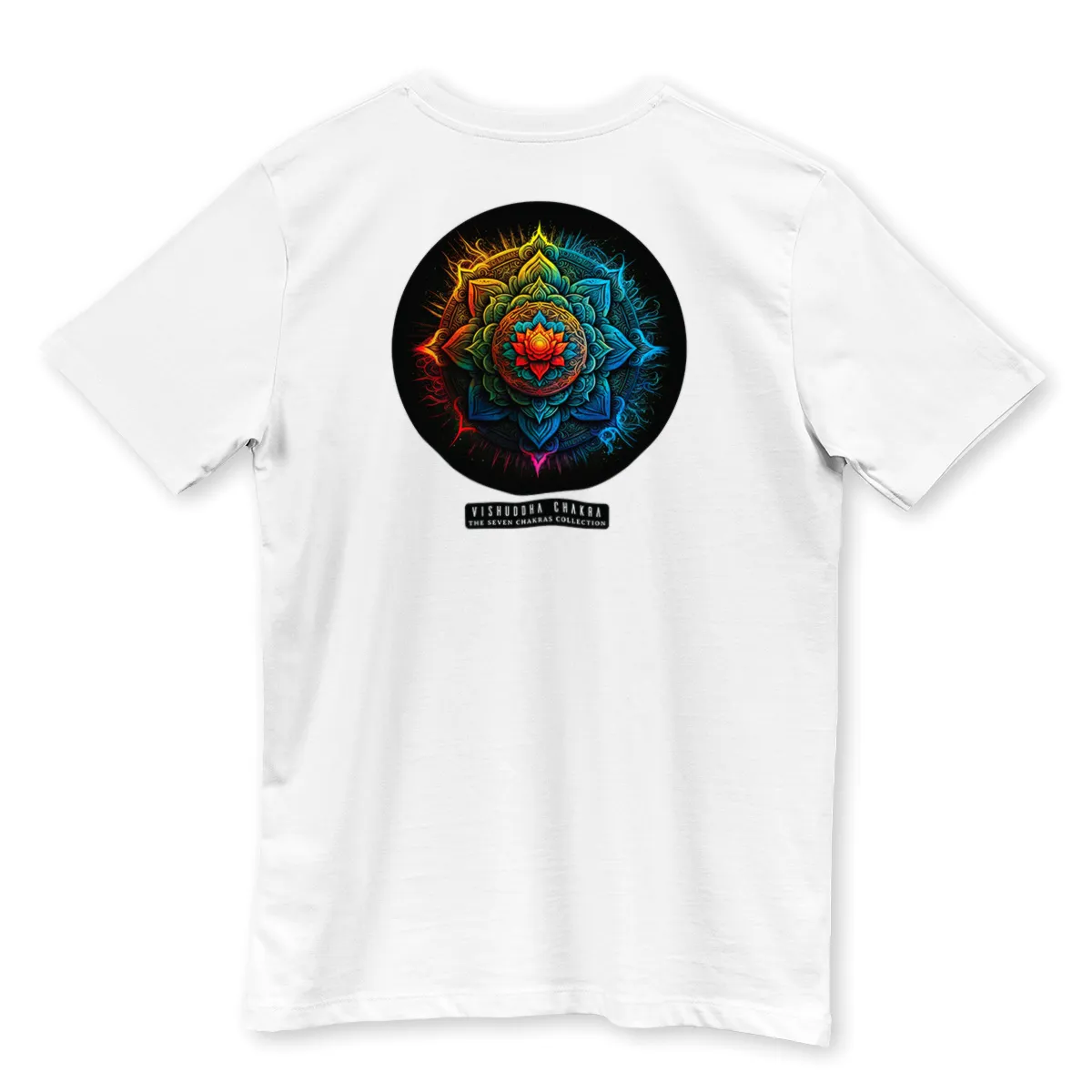 Imaginea unui Tricou Alb Vishuddha Chakra Printat pe Spate