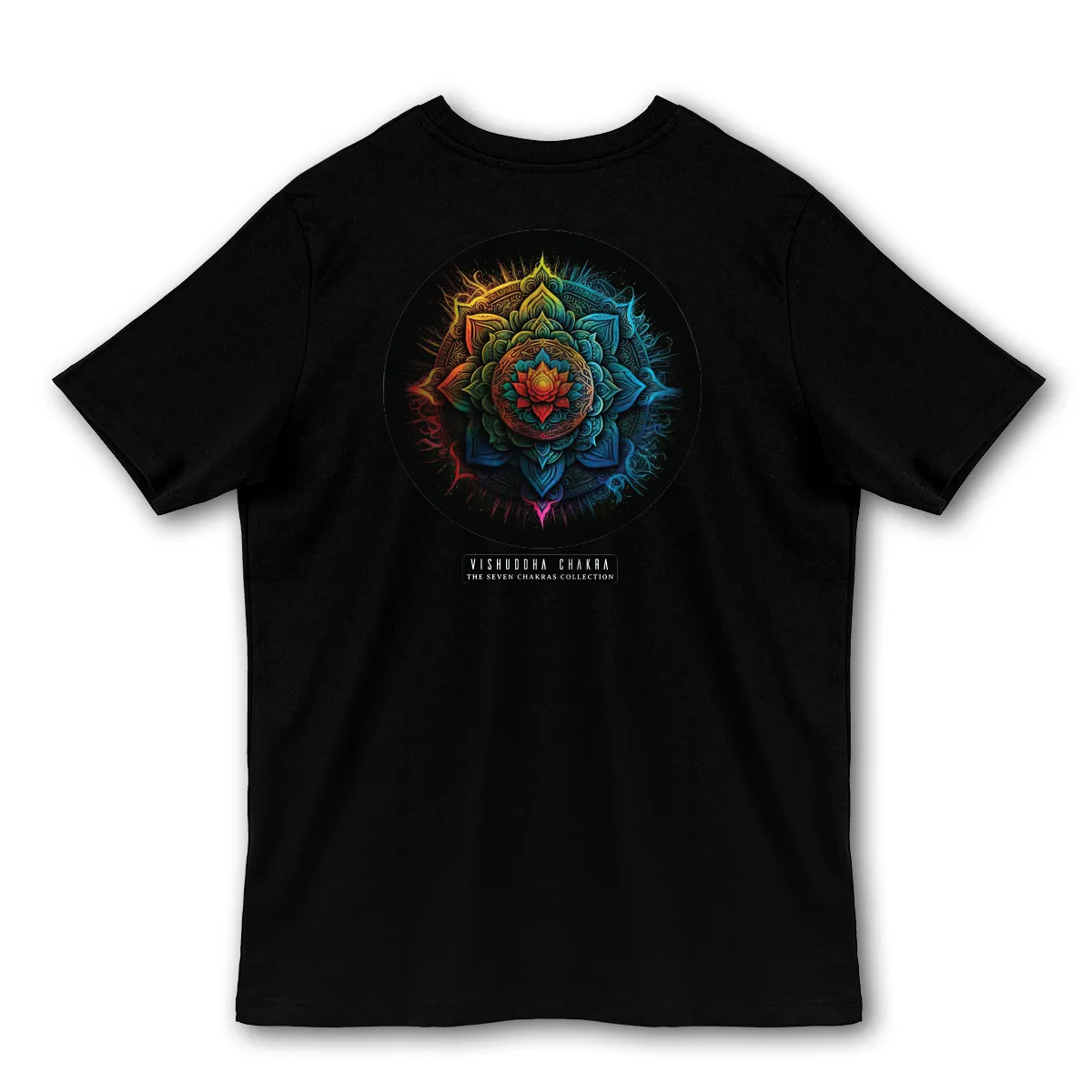 Imaginea unui Tricou Negru Vishuddha Chakra Printat pe Spate
