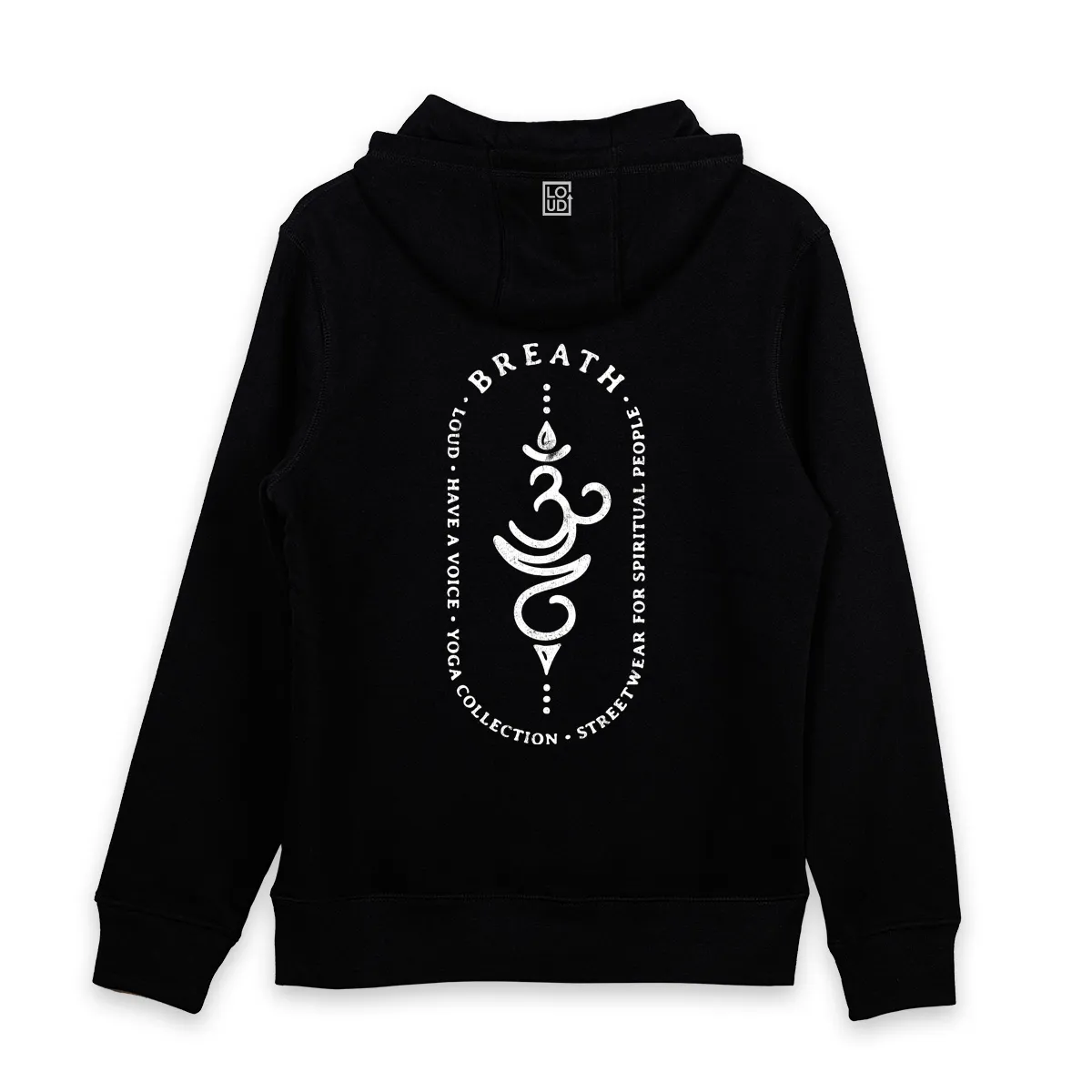 Imaginea unui hanorac negru printat pe spate cu mesajul BREATH