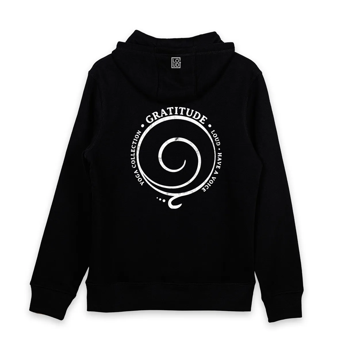 Imaginea unui hanorac negru printat pe spate cu simbolul recunosștinței - Gratitude