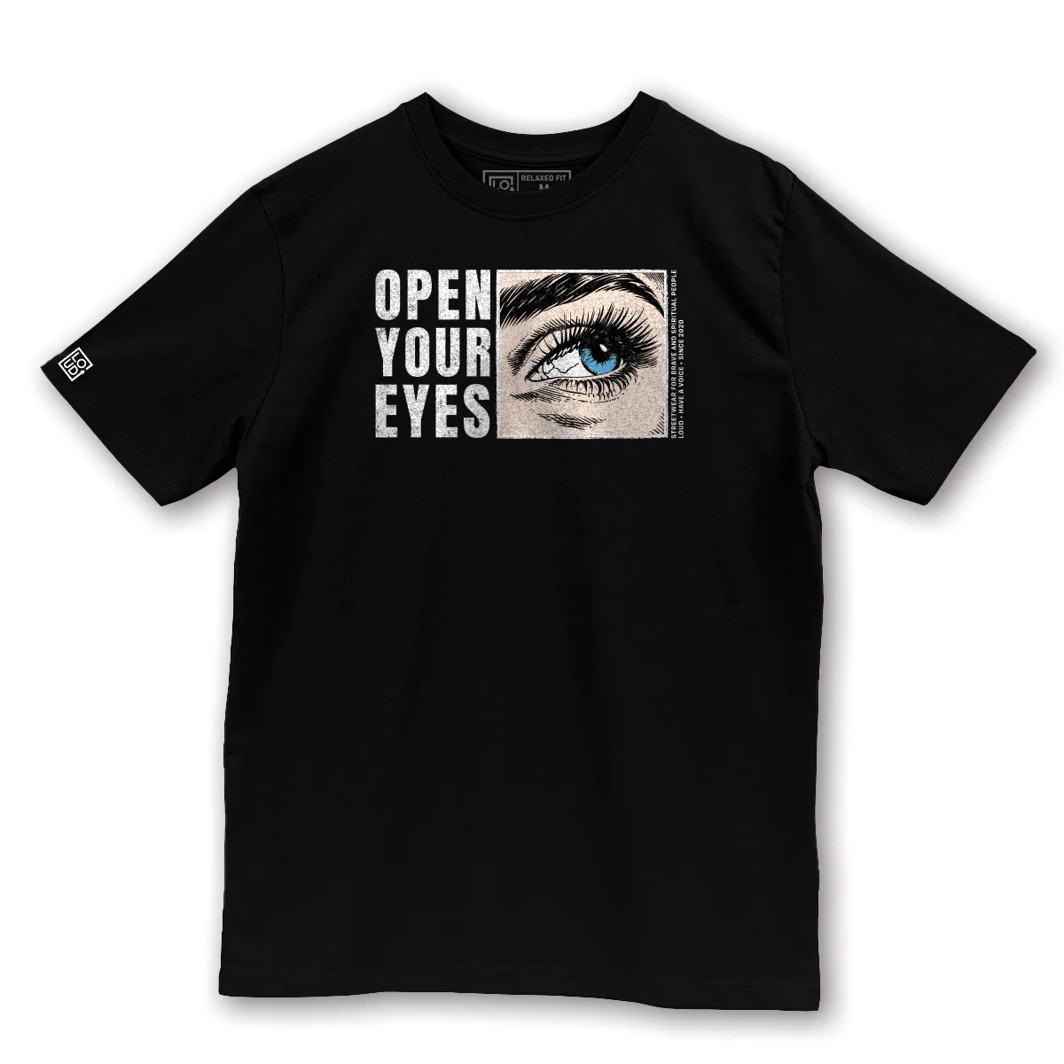 tricou printat pe fata cu mesajul Open your eyes
