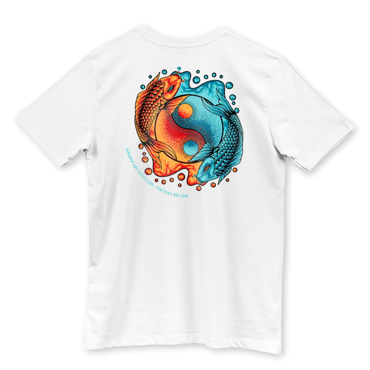 Imaginea unui Tricou Alb printat pe spate cu pestele Koi Fish Yin Yang